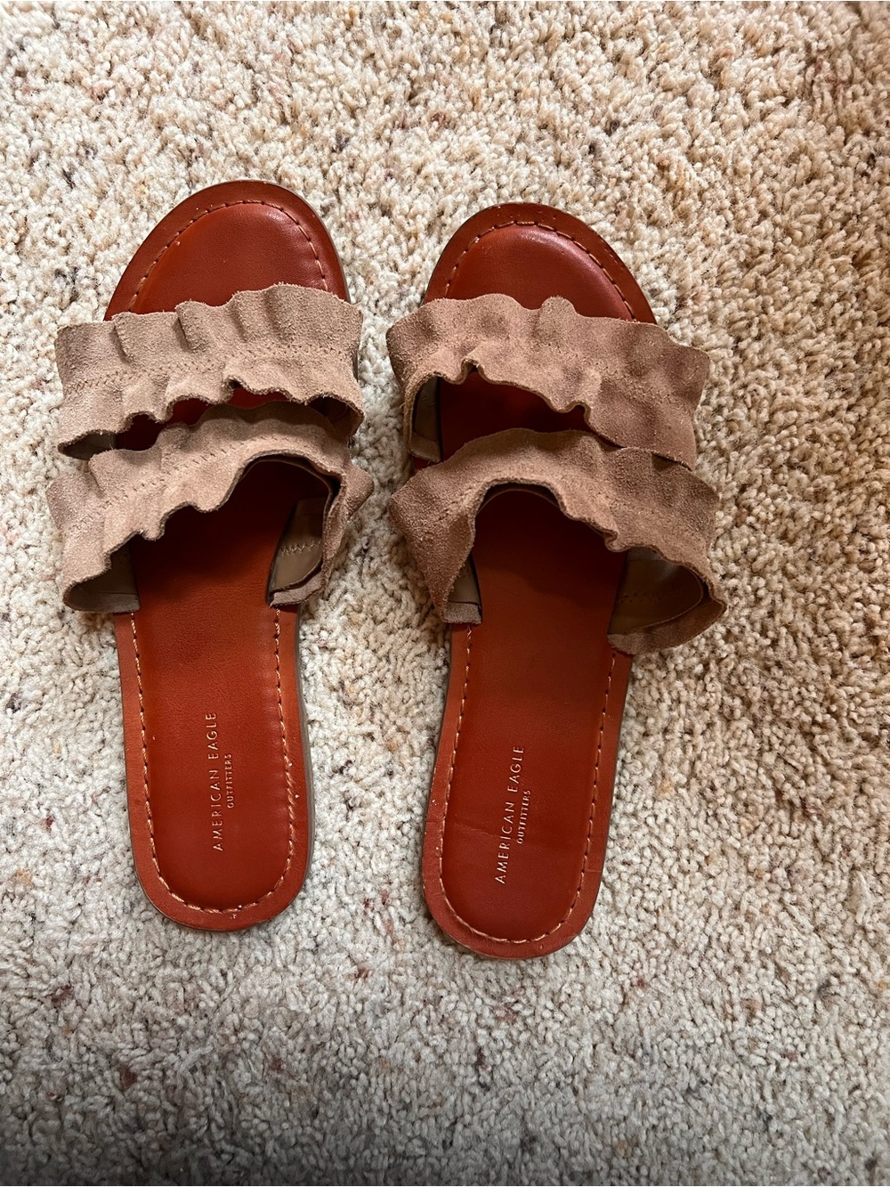 American Eagle Outfitters Tan Ruffle Slide Sandals with Brown Suede Straps